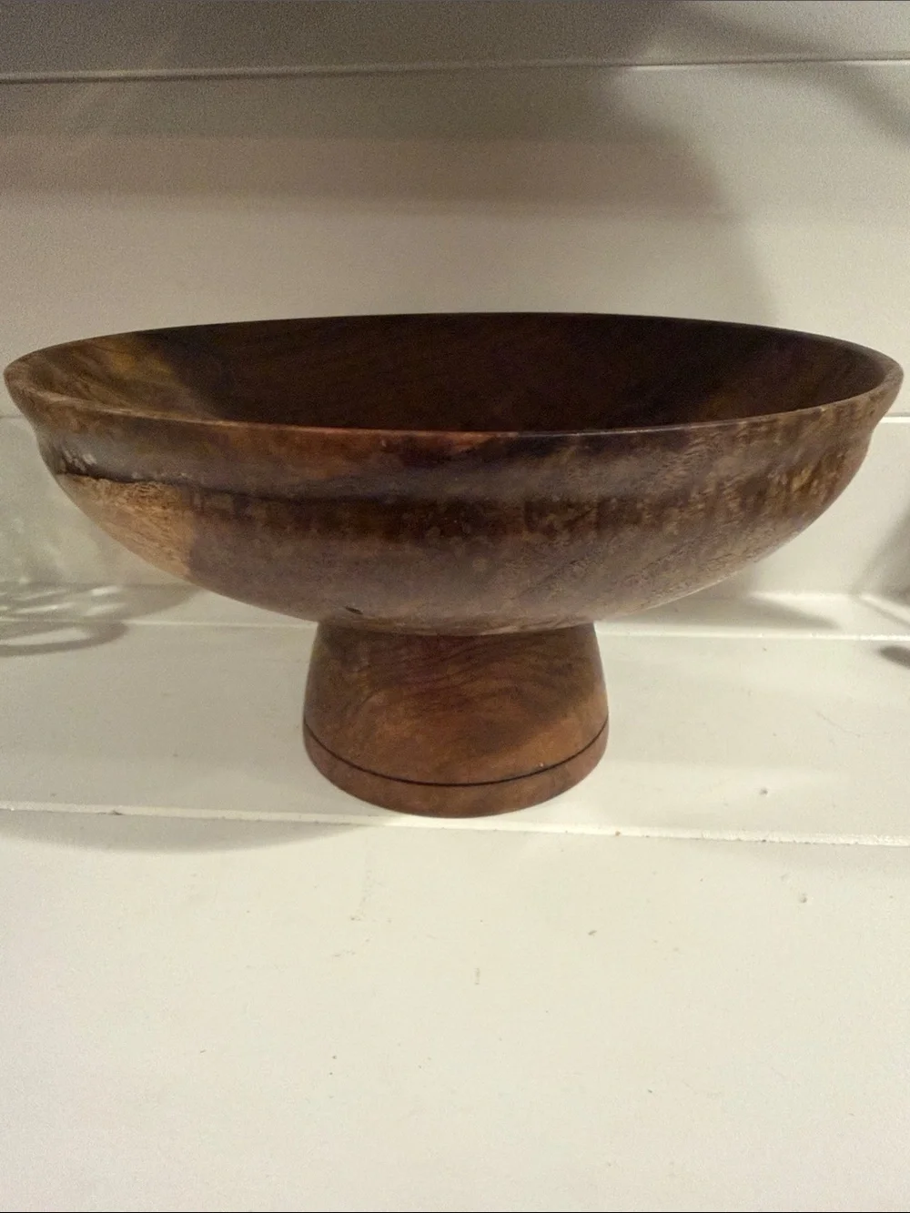 Handcrafted Wooden Pedestal Bowl - Dark Brown Wood